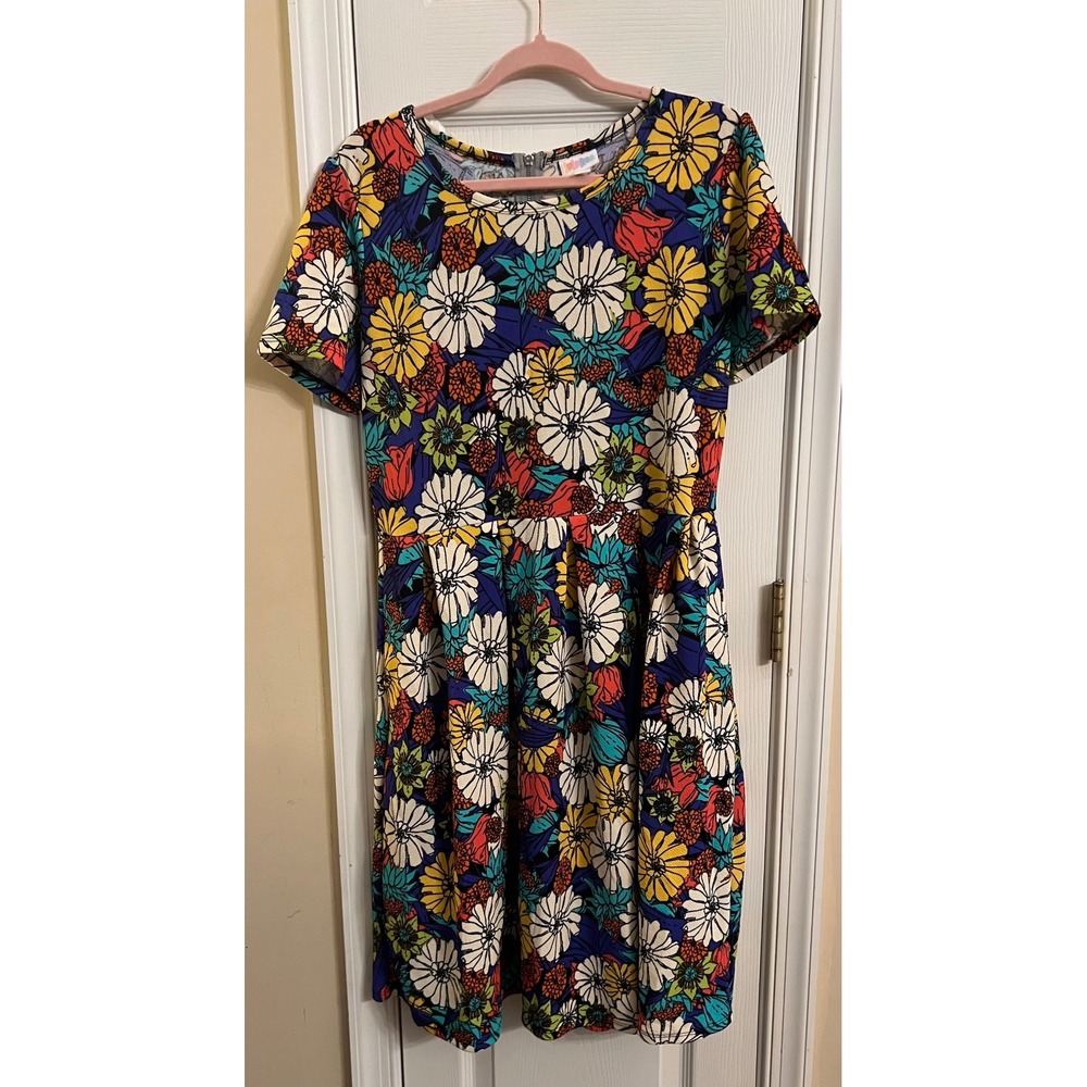 LuLaRoe Amelia Dress 2XL Womens Floral Sunflowers Short Sleeve Fit Flare Blue
